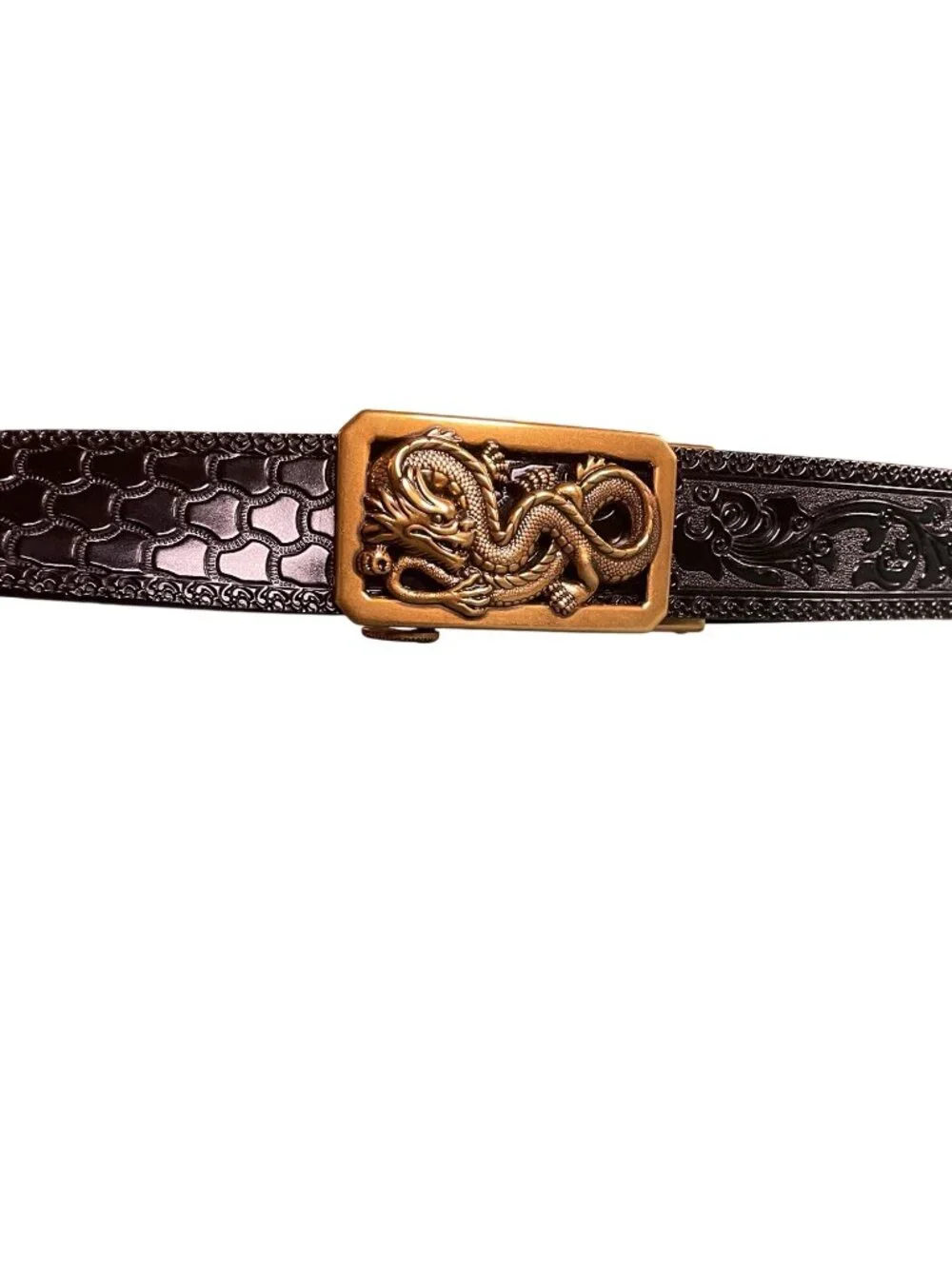 Embossed Dragon Buckle Brown Leather Belt With Gold Detailing Adjustable Fit Orn